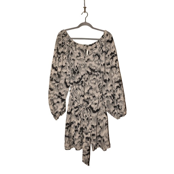 H&M NEW $70 Wide Neck Tie Belt Mini Dress Black/Cream Print XL - Picture 1 of 5